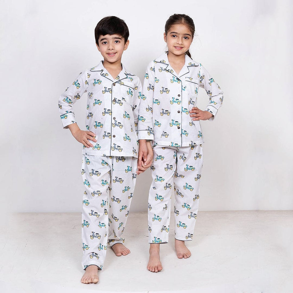 White Printed Sibling Night Suit Set