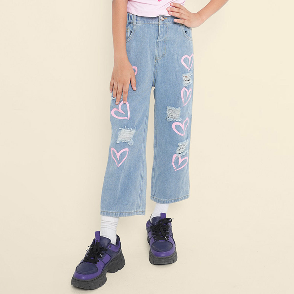 Girls Blue Heart Print Distress Denim Trousers Pants