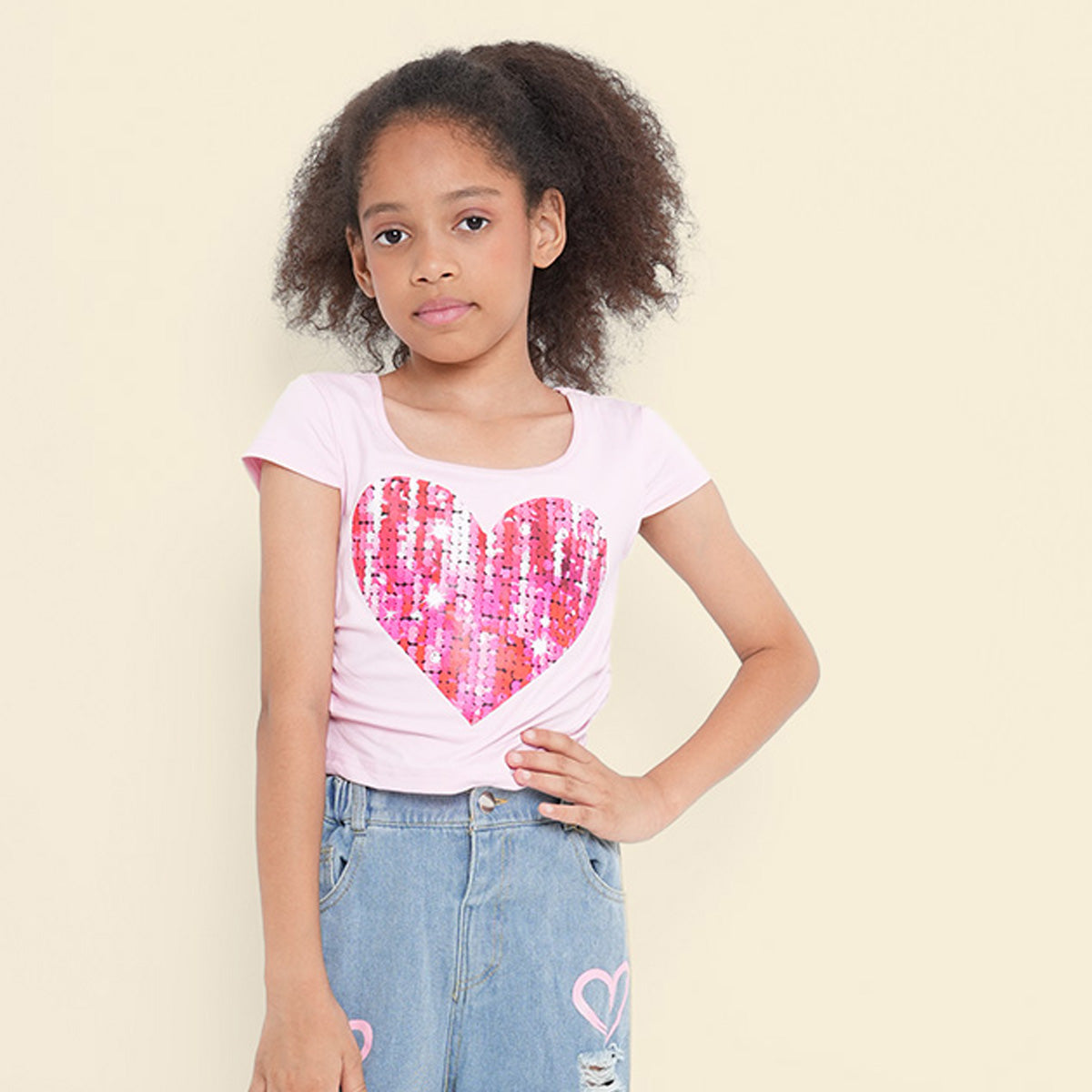Girls Light Pink Heart Sequence Short Sleeves Scoop Neck T-Shirt Tshirts