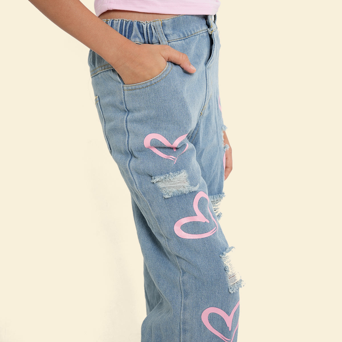 Girls Blue Heart Print Distress Denim Trousers Pants