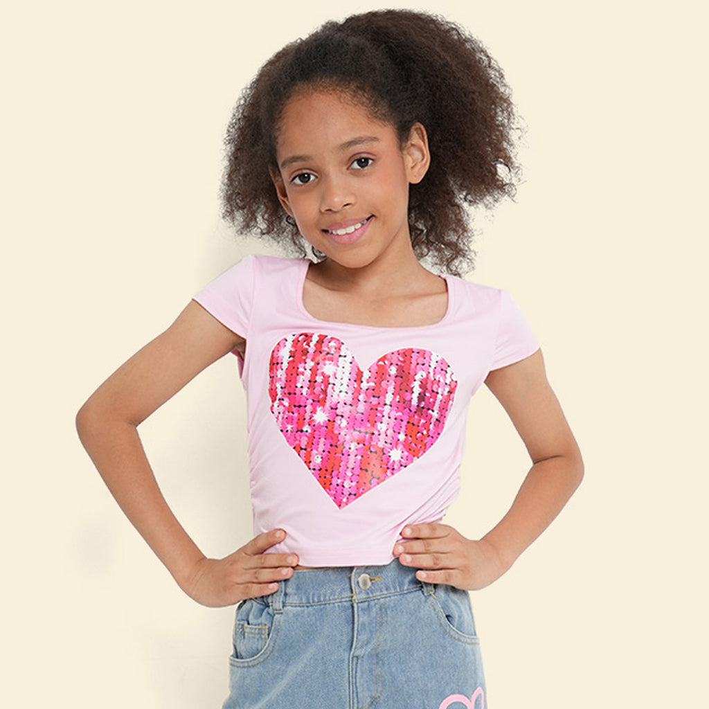 Girls Light Pink Heart Sequence Short Sleeves Scoop Neck T-Shirt Tshirts