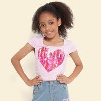 Girls Light Pink Heart Sequence Short Sleeves Scoop Neck T-Shirt Tshirts
