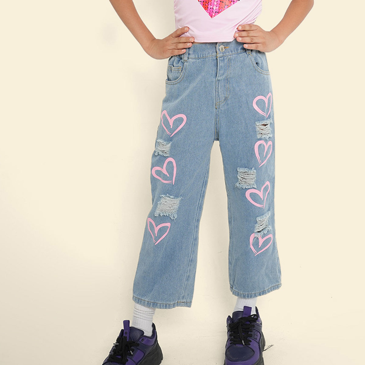 Girls Blue Heart Print Distress Denim Trousers Pants