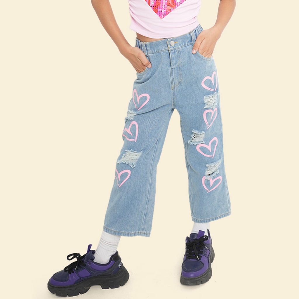 Girls Blue Heart Print Distress Denim Trousers Pants