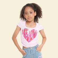 Girls Light Pink Heart Sequence Short Sleeves Scoop Neck T-Shirt Tshirts