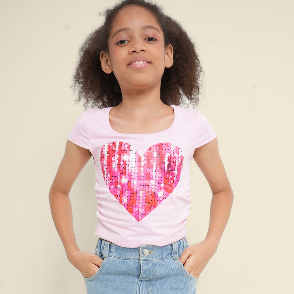Girls Light Pink Heart Sequence Short Sleeves Scoop Neck T-Shirt Tshirts
