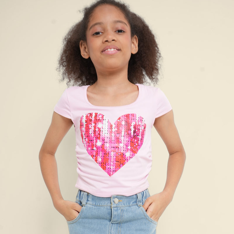 Girls Light Pink Heart Sequence Short Sleeves Scoop Neck T-Shirt Tshirts