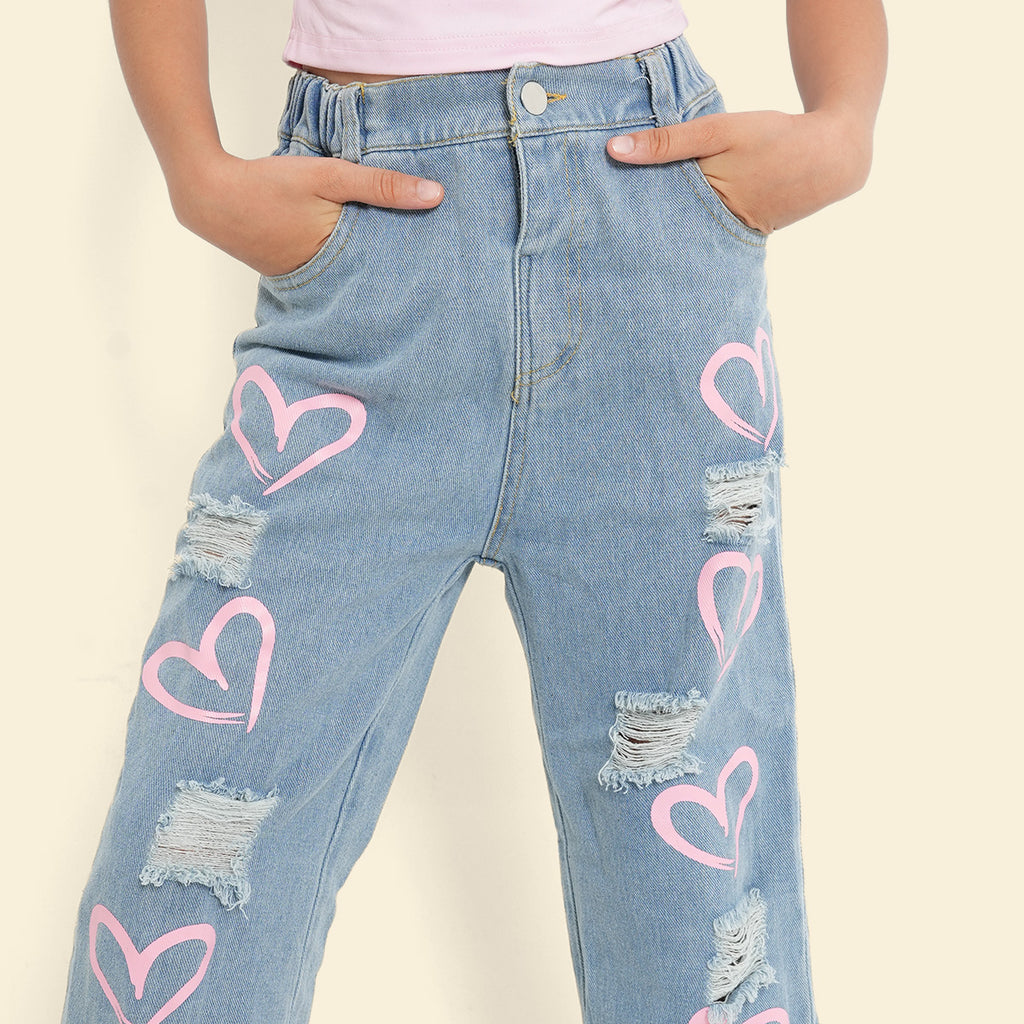 Girls Blue Heart Print Distress Denim Trousers Pants