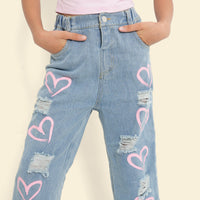 Girls Blue Heart Print Distress Denim Trousers Pants