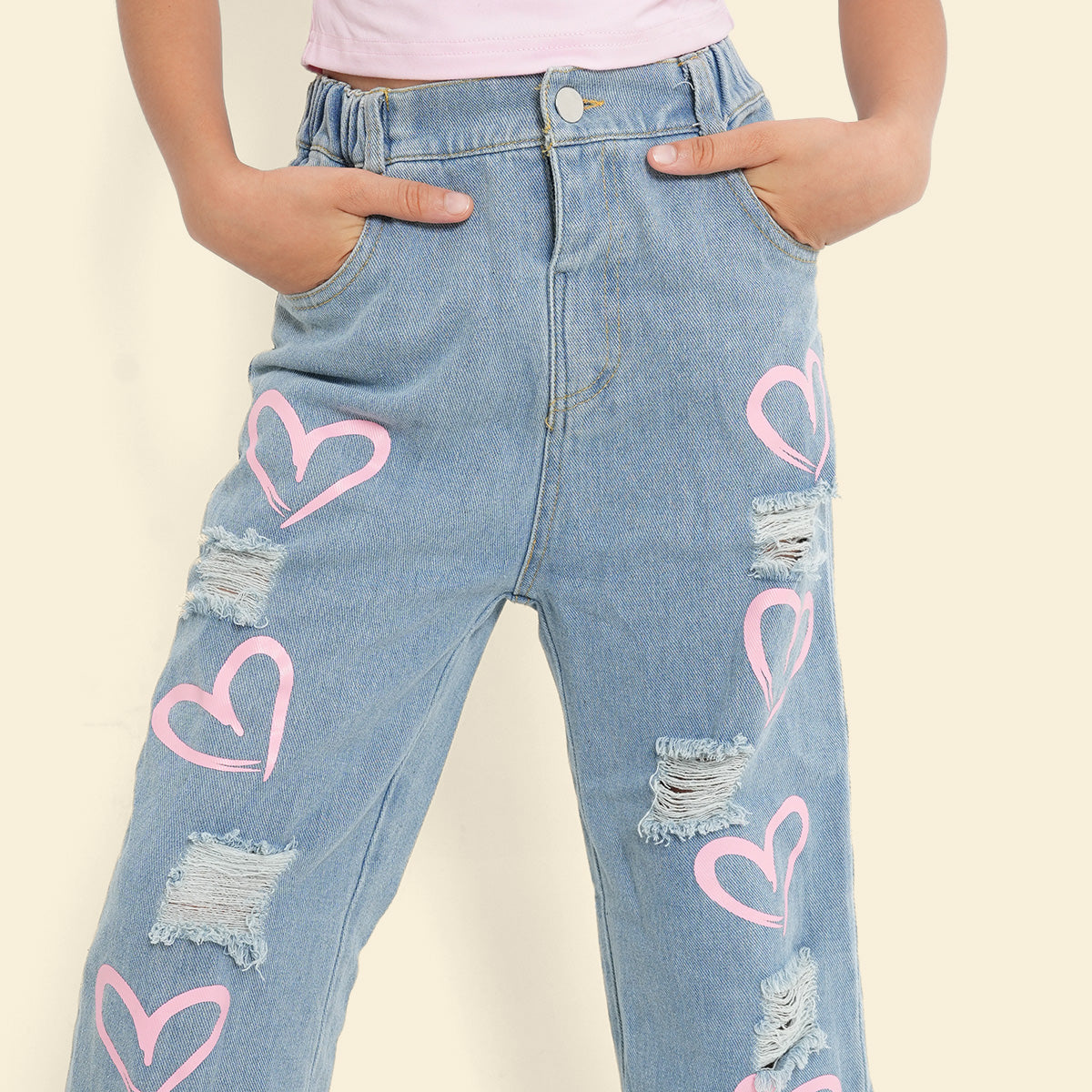 Girls Blue Heart Print Distress Denim Trousers Pants