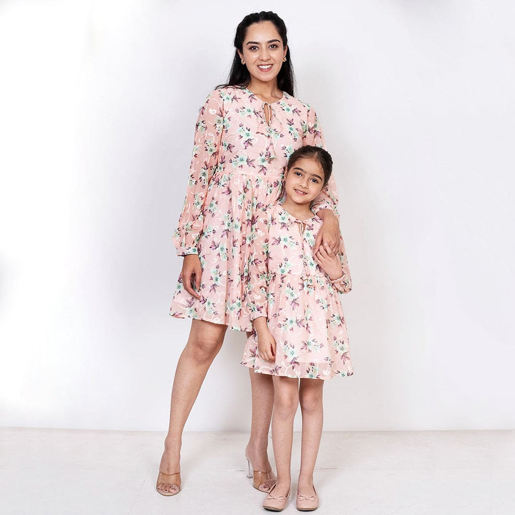 Floral Print Above Knee Length Mom & Daughter Dress Set