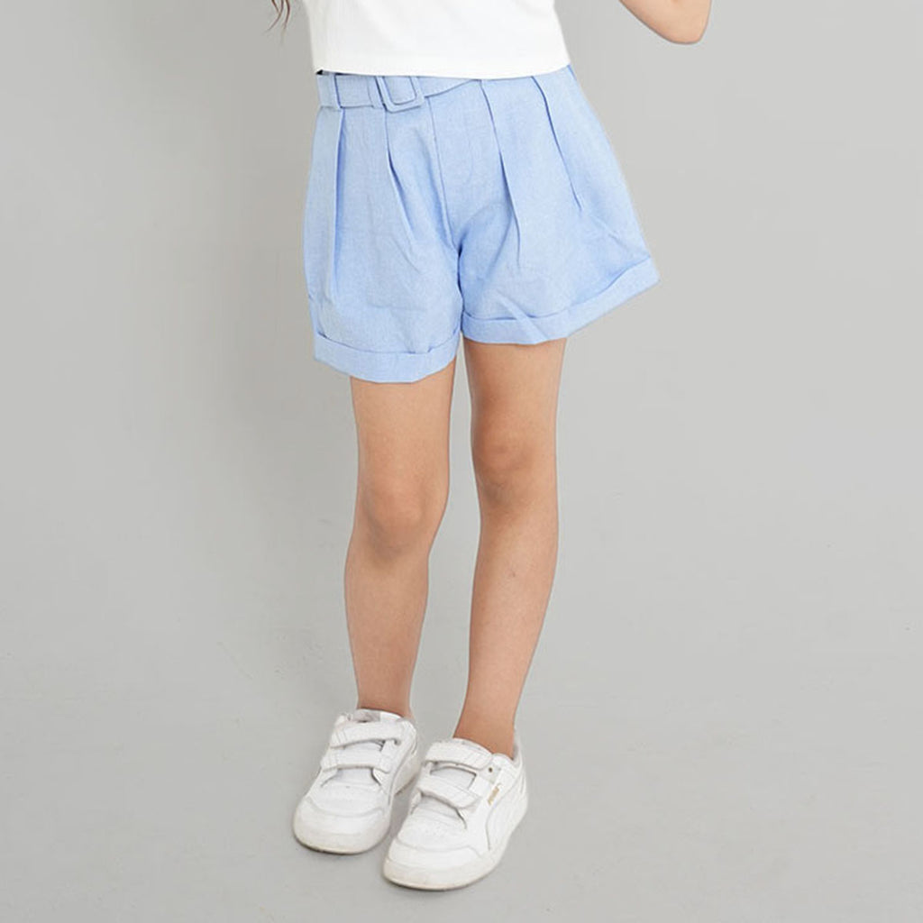 Girls Blue Pleated Shorts Shorts