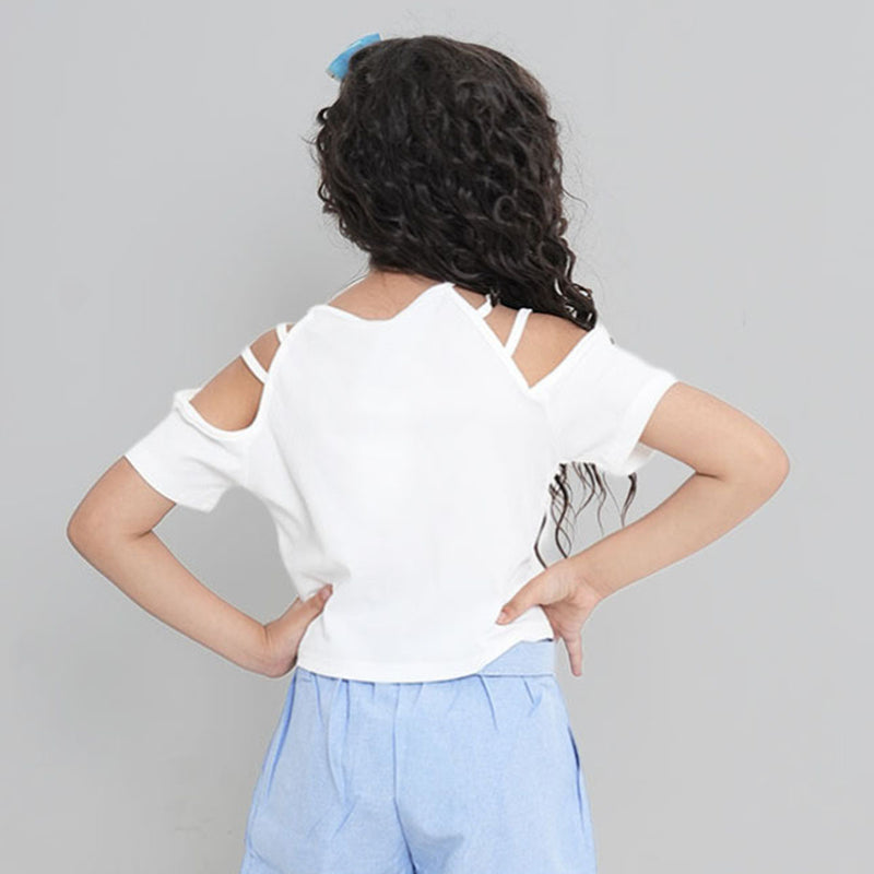 Girls White Short Sleeve Round Neck T-Shirt Tops