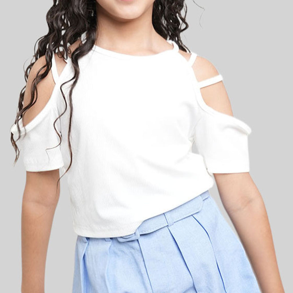 Girls White Short Sleeve Round Neck T-Shirt Tops