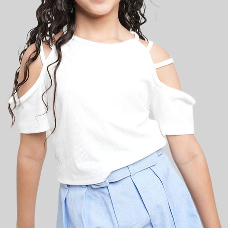 Girls White Short Sleeve Round Neck T-Shirt Tops