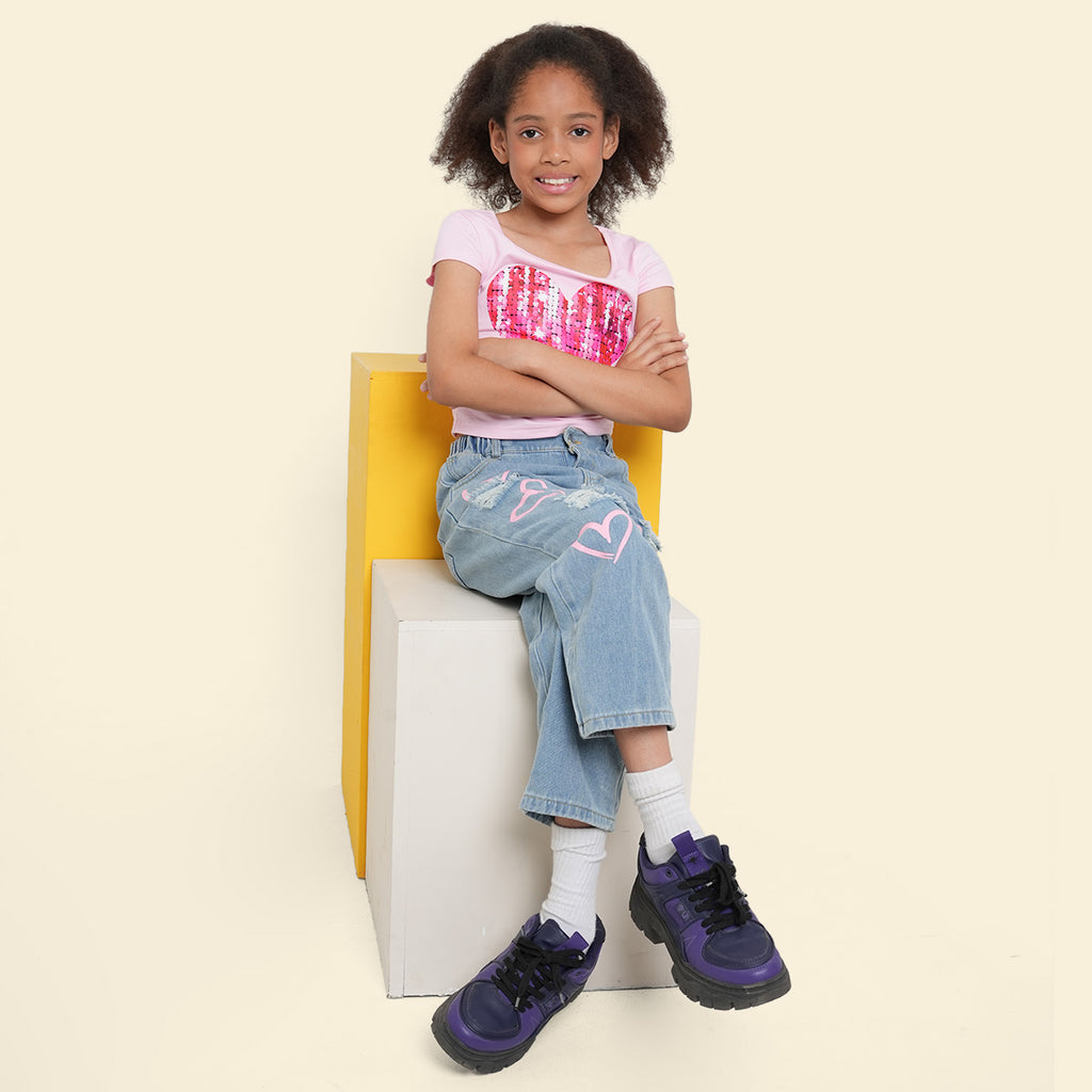 Girls Light Pink Heart Sequence Short Sleeves Scoop Neck T-Shirt Tshirts