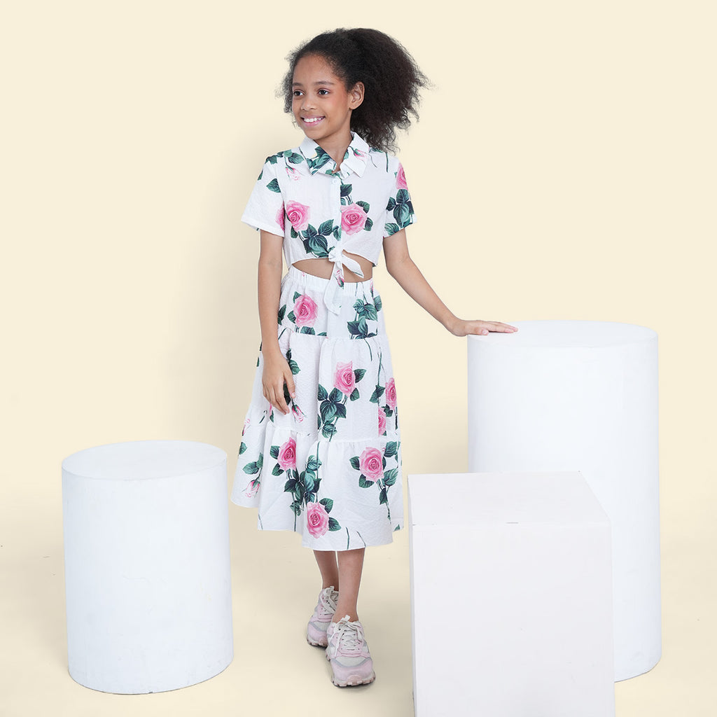 Girls White Floral Printed Sleeveless Net Yoke Dress Casual Dresses