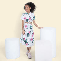 Girls White Floral Printed Sleeveless Net Yoke Dress Casual Dresses