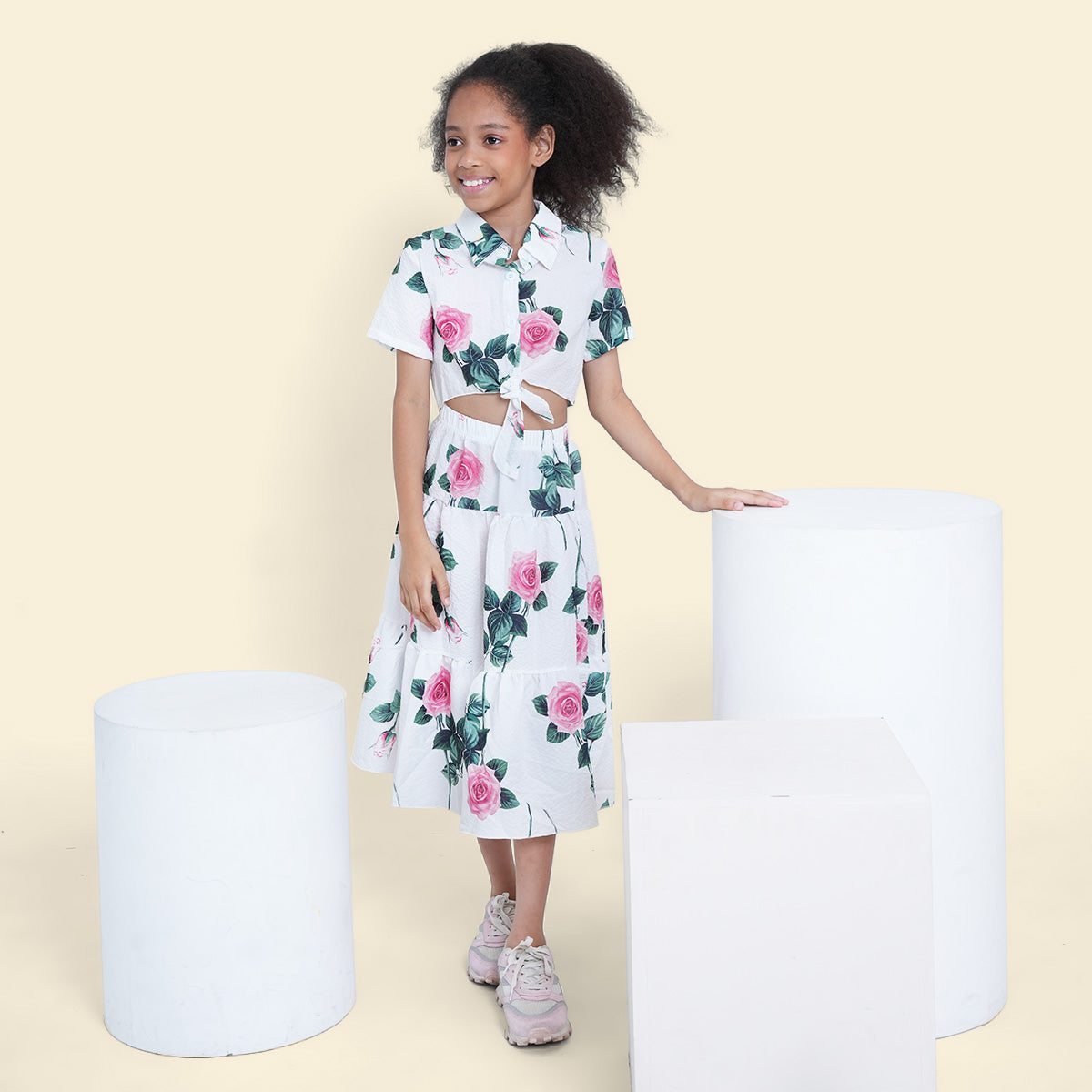 Girls White Floral Printed Sleeveless Net Yoke Dress Casual Dresses