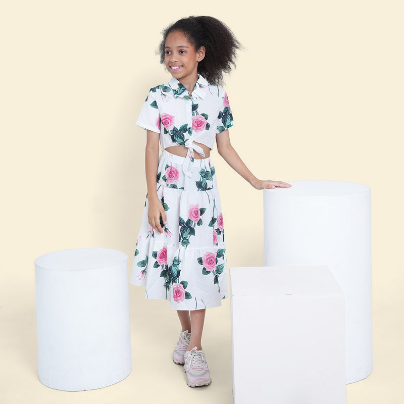Girls White Floral Printed Sleeveless Net Yoke Dress Casual Dresses