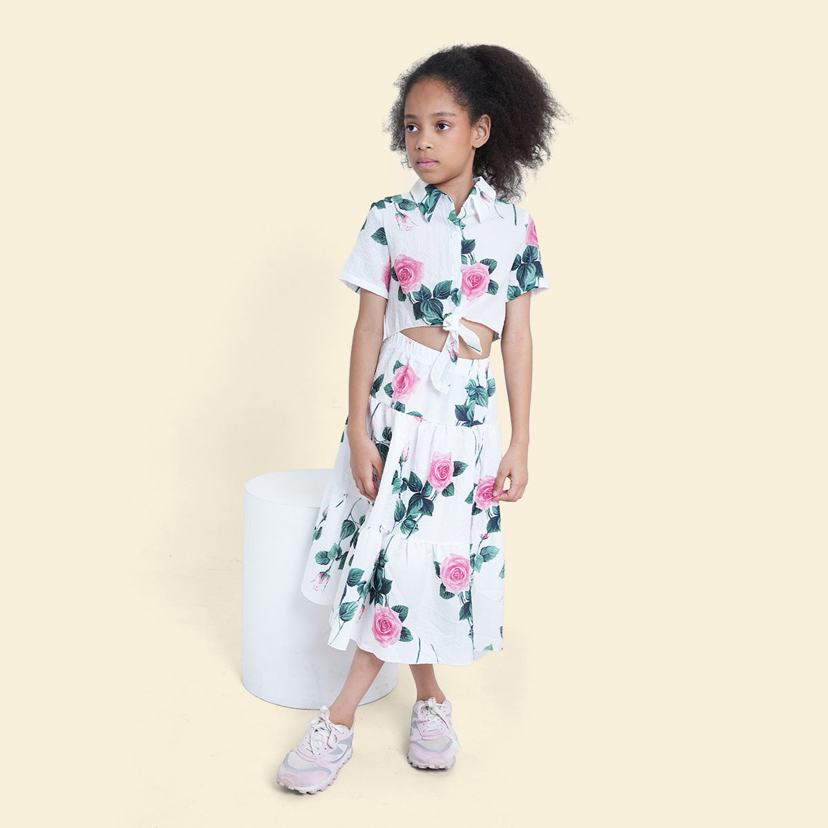 Girls White Floral Printed Sleeveless Net Yoke Dress Casual Dresses