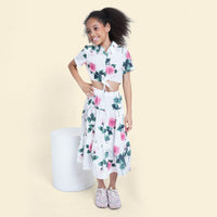 Girls White Floral Printed Sleeveless Net Yoke Dress Casual Dresses