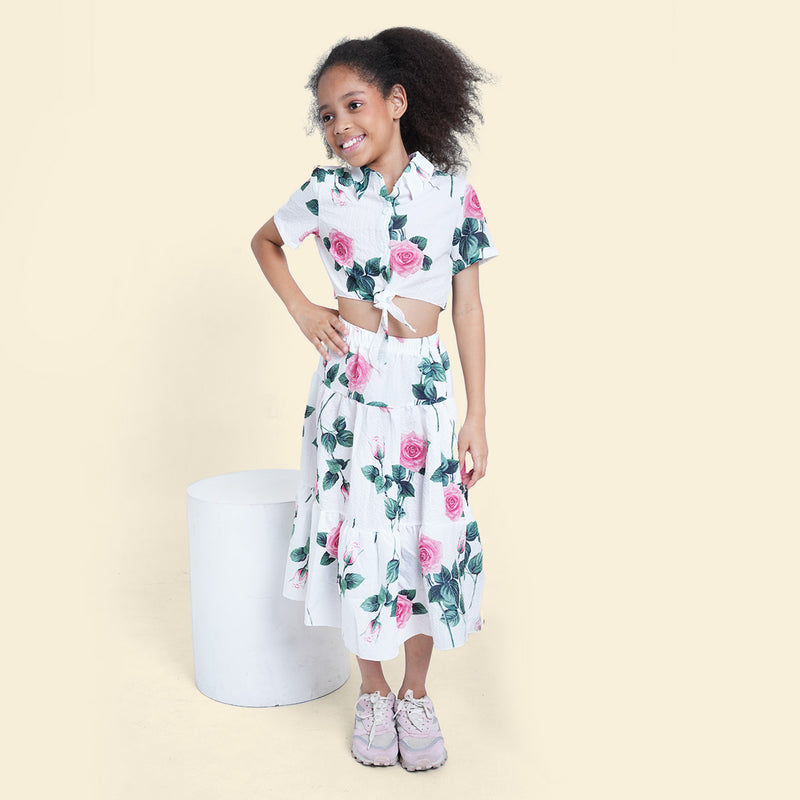 Girls White Floral Printed Sleeveless Net Yoke Dress Casual Dresses