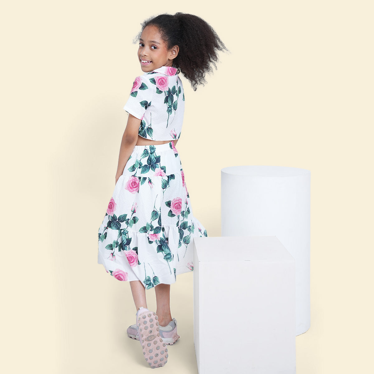 Girls White Floral Printed Sleeveless Net Yoke Dress Casual Dresses