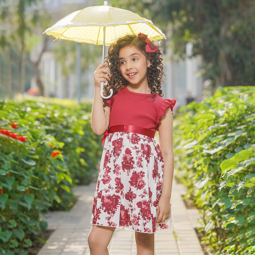 Girls Red Floral Print Flared Sleeve Fit & Flare Dress Casual Dresses