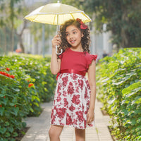 Girls Red Floral Print Flared Sleeve Fit & Flare Dress Casual Dresses