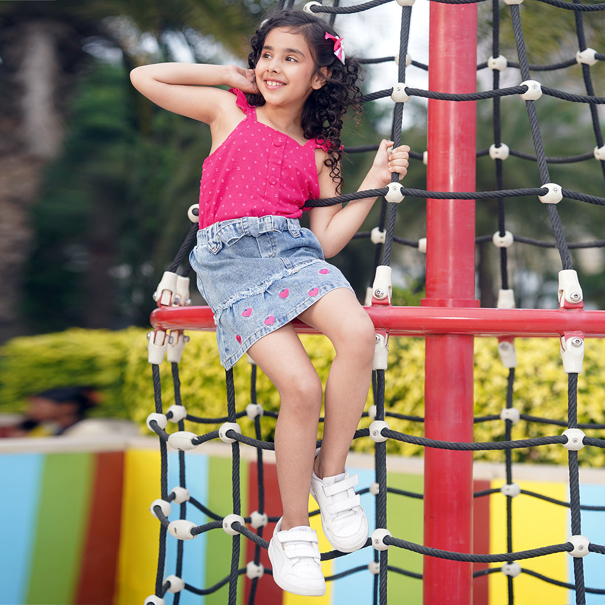 Girls Fuchsia Sleeveless Top With Heart Embroidery Denim Skirt Set 2 pc. Sets