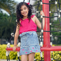 Girls Fuchsia Sleeveless Top With Heart Embroidery Denim Skirt Set 2 pc. Sets