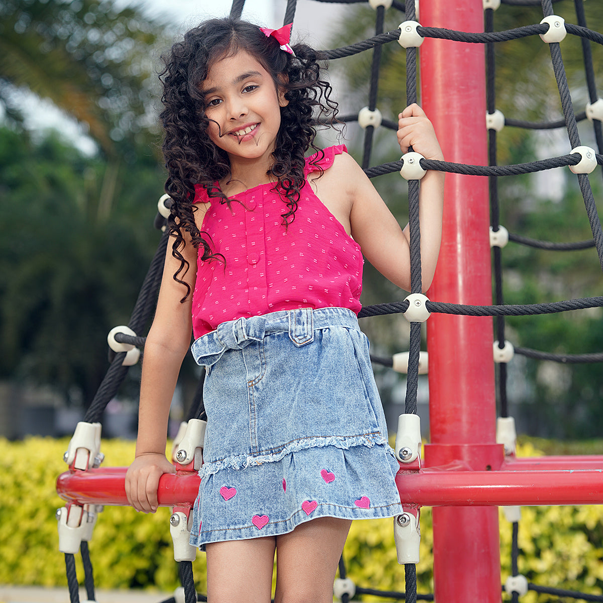 Girls Fuchsia Sleeveless Top With Heart Embroidery Denim Skirt Set 2 pc. Sets