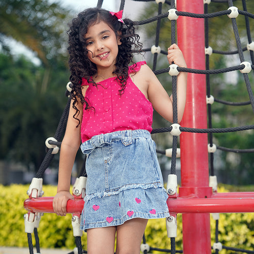Girls Fuchsia Sleeveless Top With Heart Embroidery Denim Skirt Set 2 pc. Sets