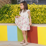 Girls White Floral Printed Fit & Flare Flutter Sleeve Dress