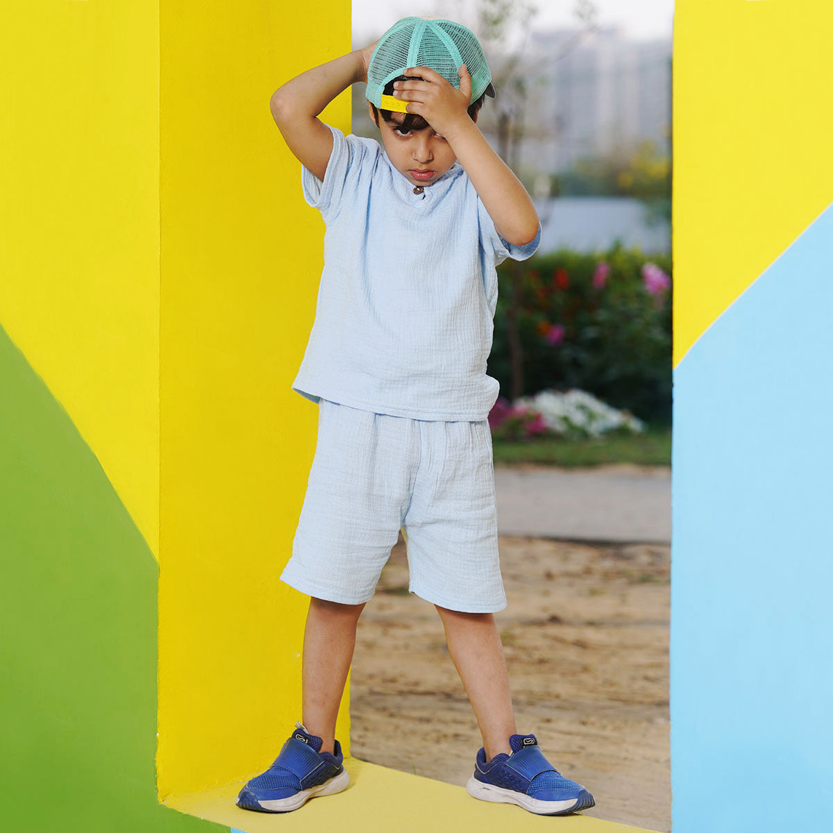 Boys Light Blue Top With Elasticated Shorts Sets