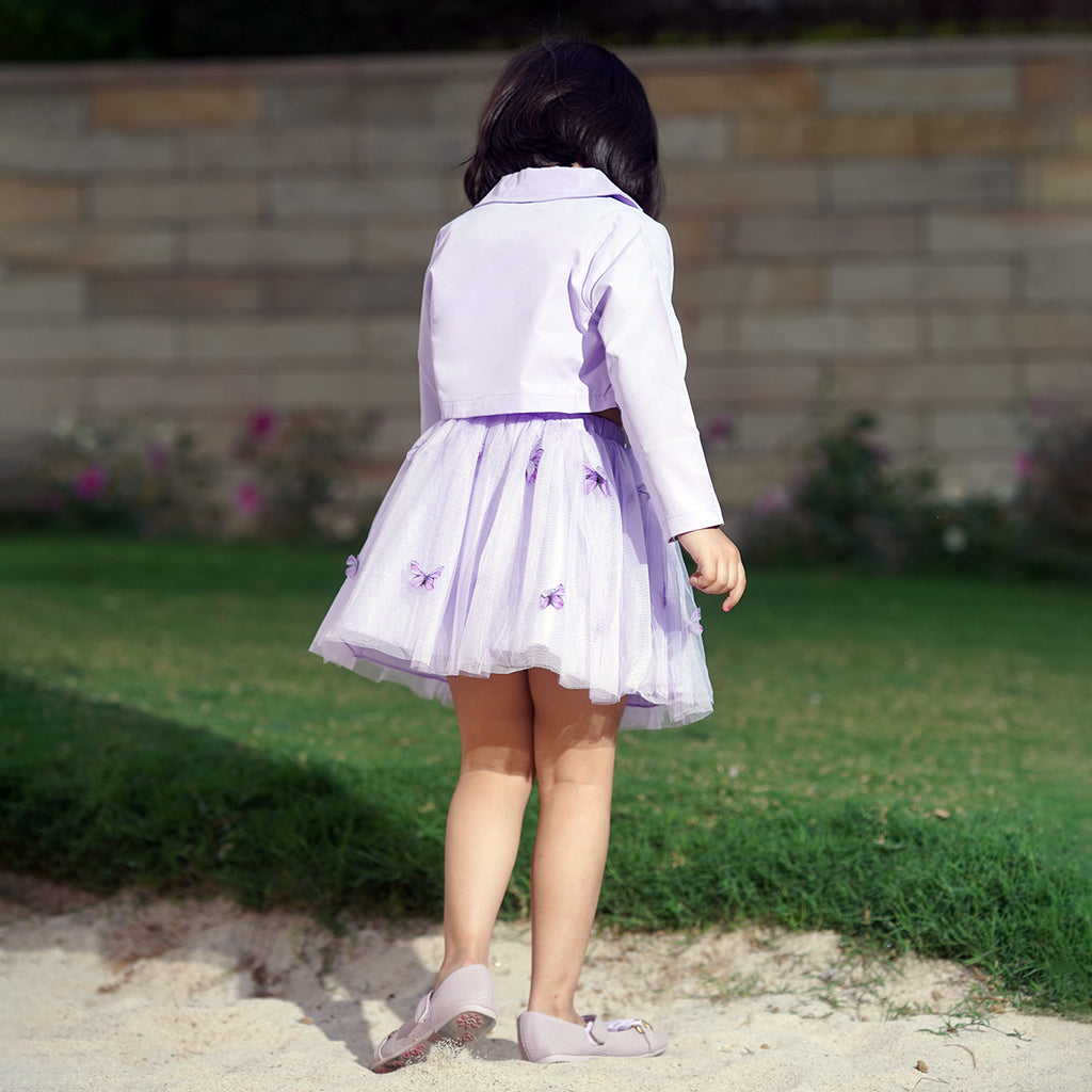 Girls Purple Long Sleeve Jacket With Camisole Top And Butterfly Embroidered Skirt Set 3 pc. Sets