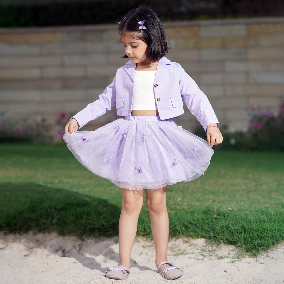 Girls Purple Long Sleeve Jacket With Camisole Top And Butterfly Embroidered Skirt Set 3 pc. Sets