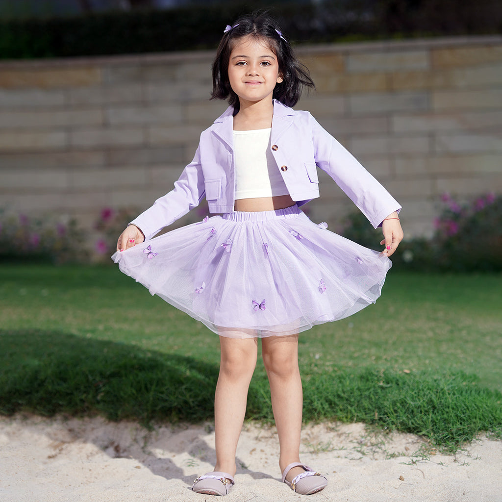 Girls Purple Long Sleeve Jacket With Camisole Top And Butterfly Embroidered Skirt Set 3 pc. Sets
