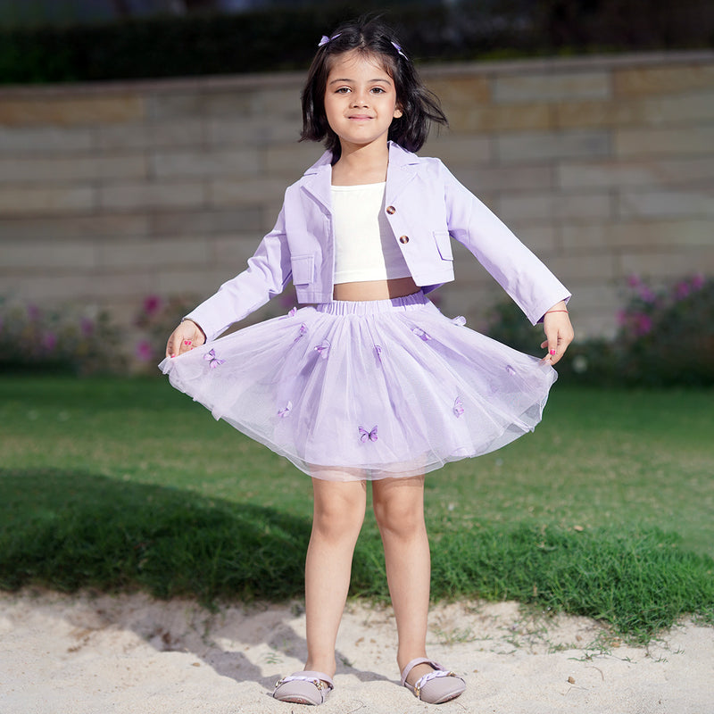 Girls Purple Long Sleeve Jacket With Camisole Top And Butterfly Embroidered Skirt Set 3 pc. Sets