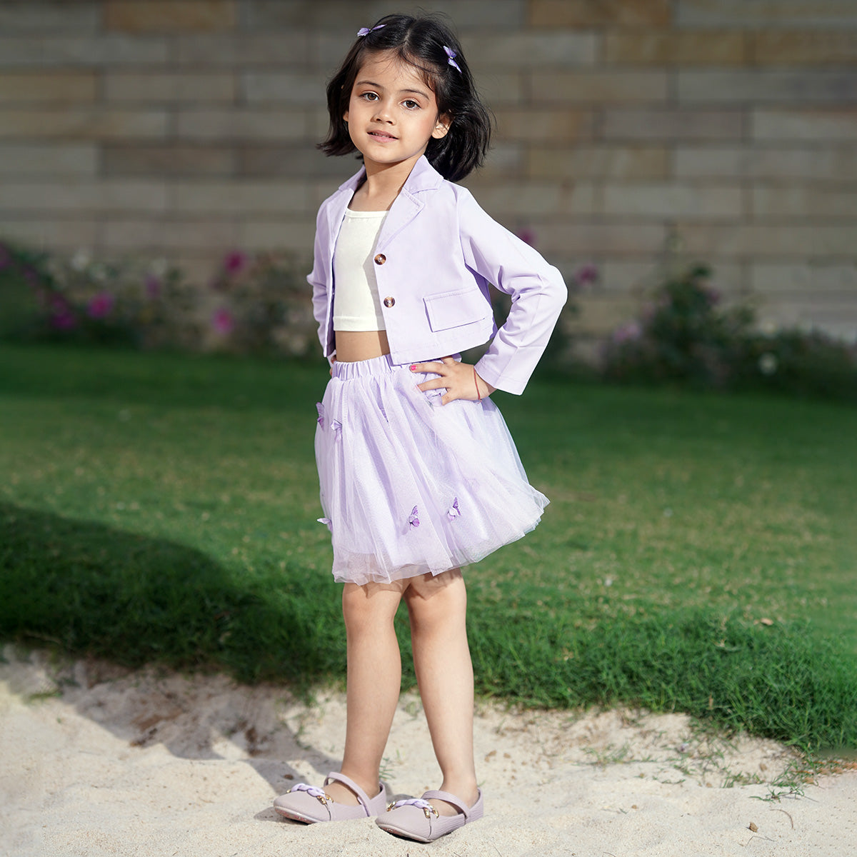 Girls Purple Long Sleeve Jacket With Camisole Top And Butterfly Embroidered Skirt Set 3 pc. Sets