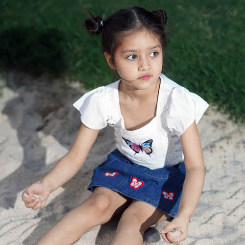 Girls White Short Sleeve Butterfly Print Top With Denim Skirt Set 2 pc. Sets
