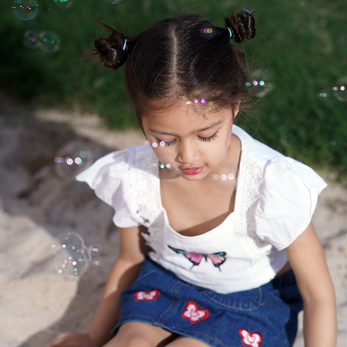 Girls White Short Sleeve Butterfly Print Top With Denim Skirt Set 2 pc. Sets