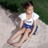 Girls White Short Sleeve Butterfly Print Top With Denim Skirt Set 2 pc. Sets White 2-3 Y