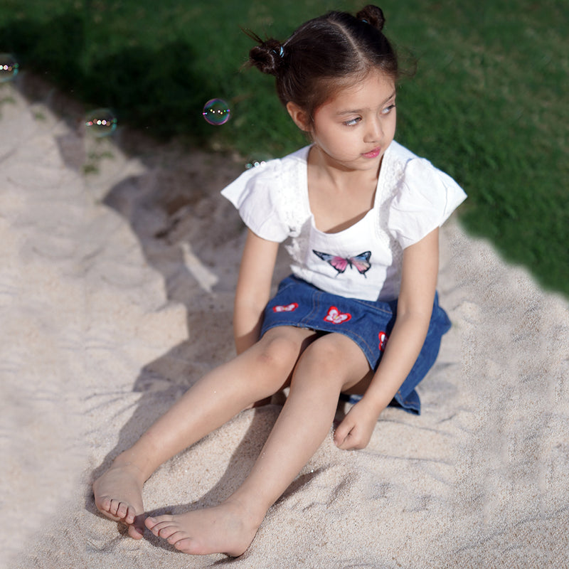 Girls White Short Sleeve Butterfly Print Top With Denim Skirt Set 2 pc. Sets White 2-3 Y