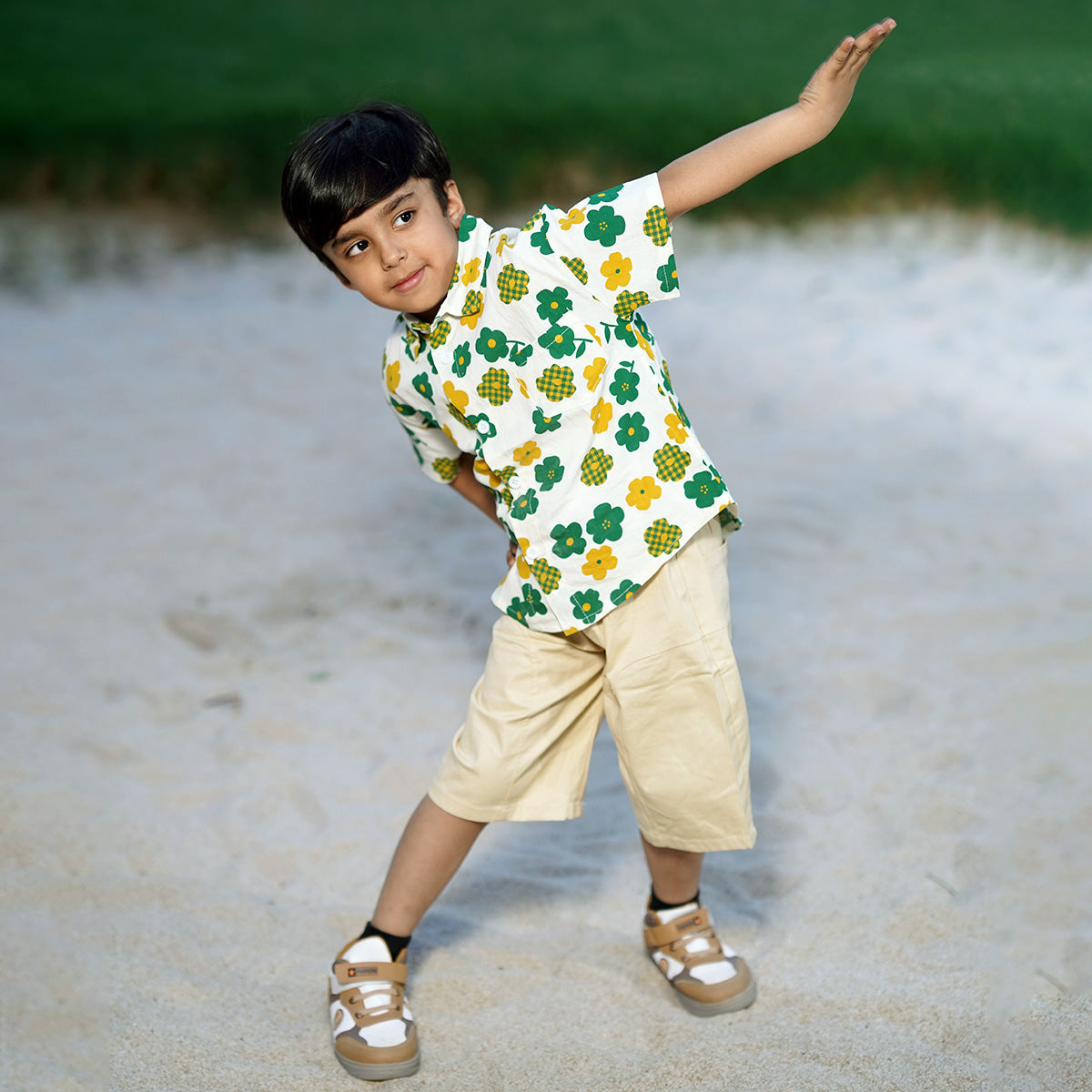 Boys Floral Print Shirt With Shorts Set Sets Green 1-2 Y