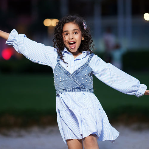Girls Blue Pinstripe Long Sleeve Shirt Dress With Denim Vest Casual Dresses