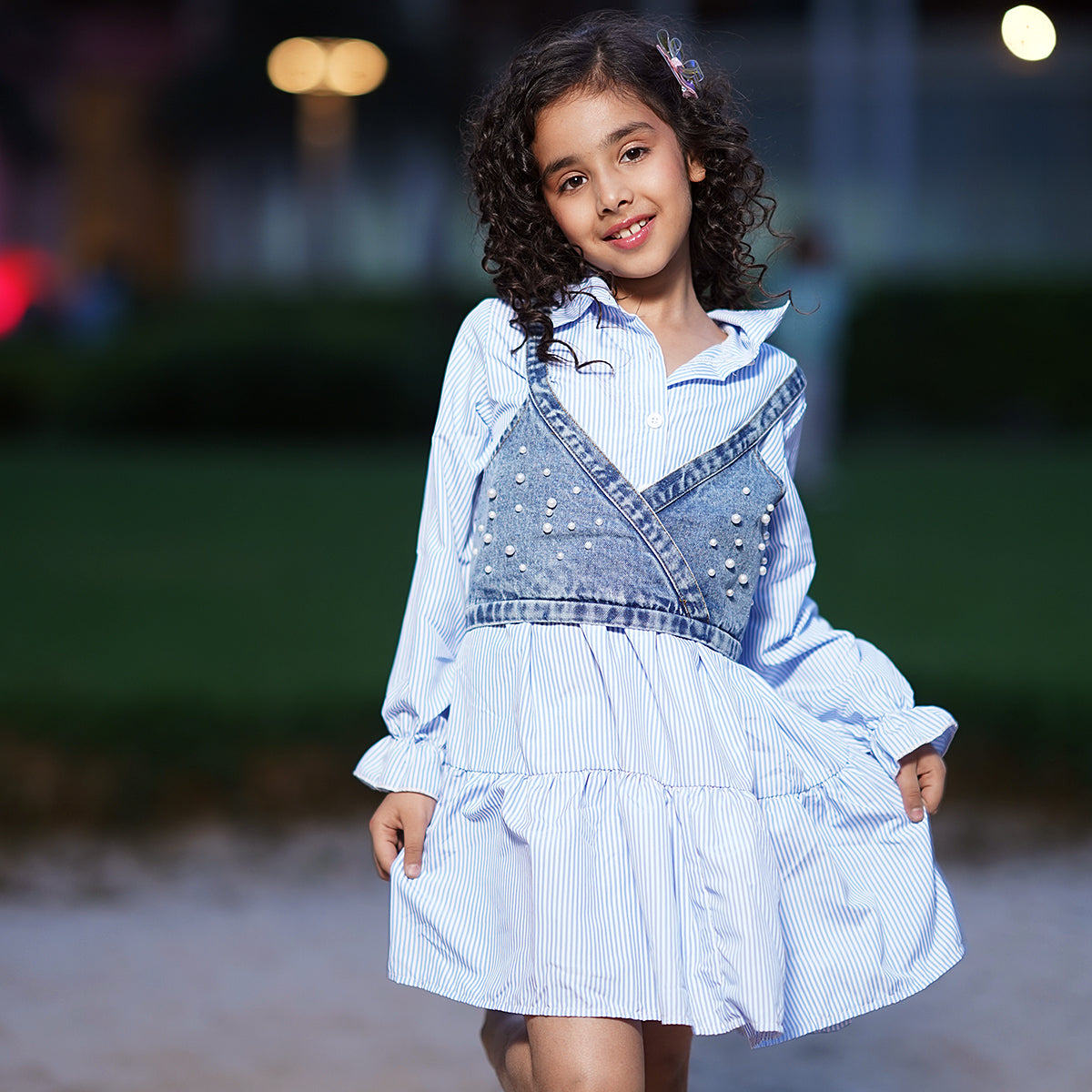 Girls Blue Pinstripe Long Sleeve Shirt Dress With Denim Vest Casual Dresses Blue 3-4 Y