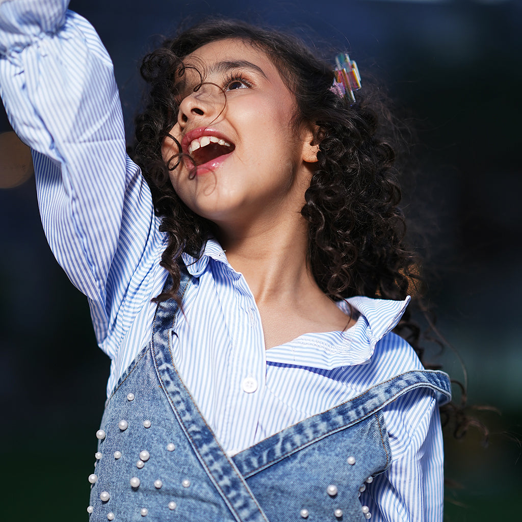 Girls Blue Pinstripe Long Sleeve Shirt Dress With Denim Vest Casual Dresses
