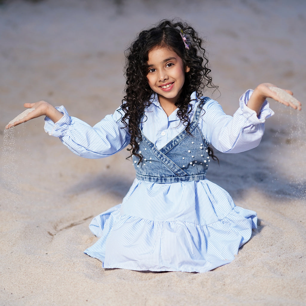 Girls Blue Pinstripe Long Sleeve Shirt Dress With Denim Vest Casual Dresses